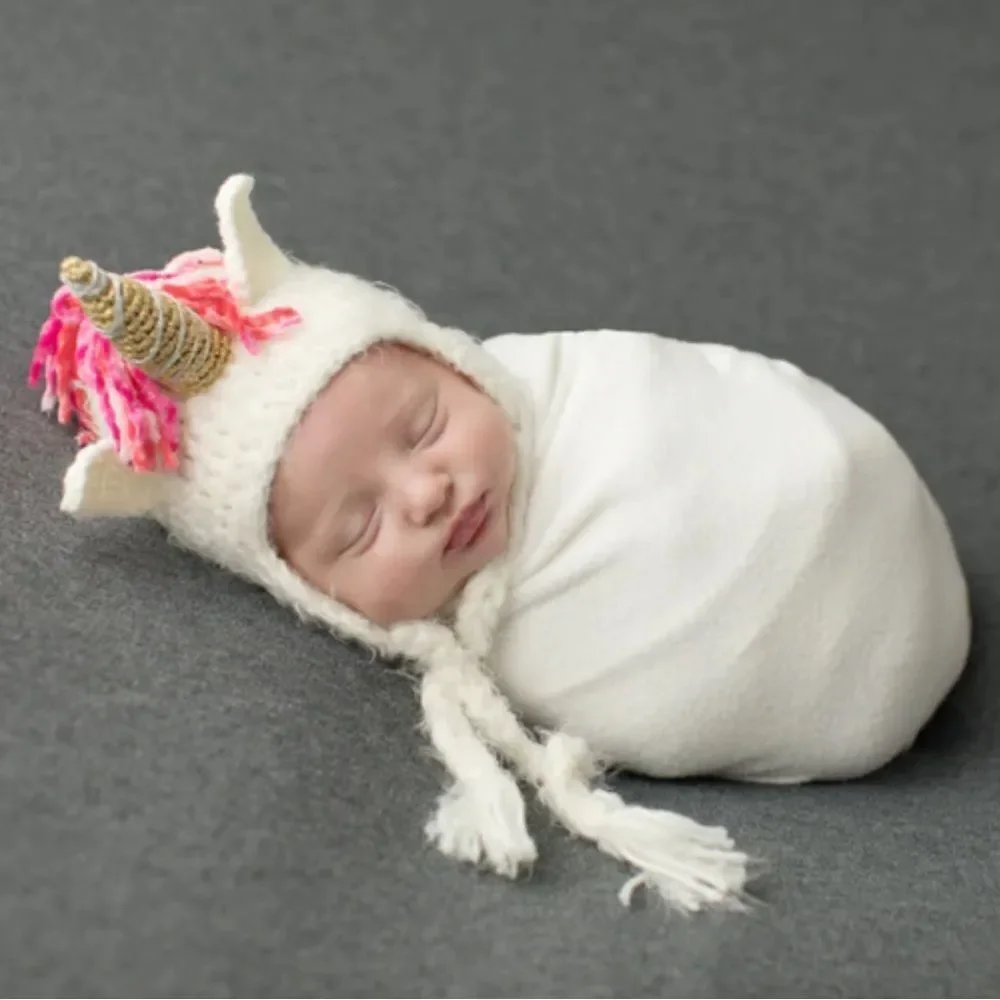 Daisy Baby Girls Infant Unicorn Beanie Hat White Pink Photography 0-6 month NWT